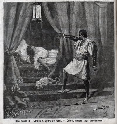 Othello har lige dræbt Desdemona i sin seng. Scene fra Operaen "" Othello"" af Giuseppe Verdi (1813-1901) Indgravering i "" Le Parisien"" af Unknown artist
