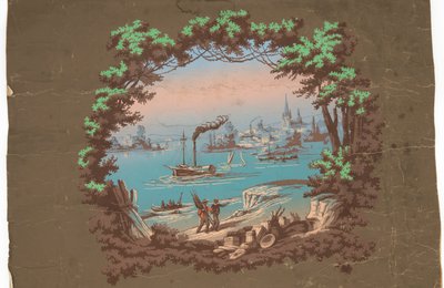 Overdør med havnescene af Unknown artist