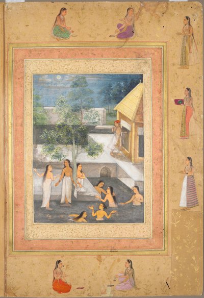 Side fra Late Shah Jahan Album: Harem Night-Bathing Scene (recto) af Unknown artist