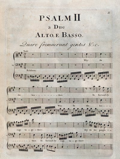 Side med anden salme i musikpartitur af ""Psalmerne"" af Benedetto Marcello af Unknown artist