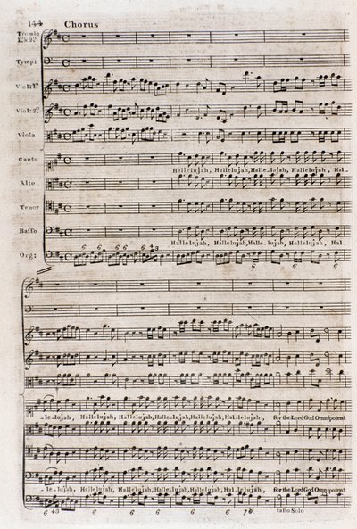Side med partituret til koret "" Hallelujah"" i "The messiah"" (The messias) af den naturaliserede engelske tyske komponist George Frederick Handel (Georg Friedrich Handel) af Unknown artist