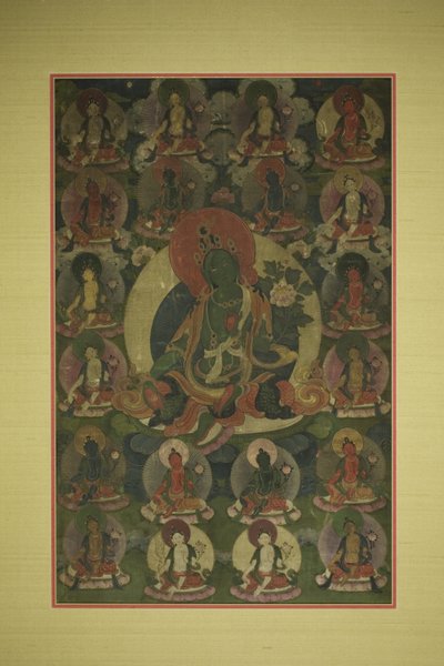 Bemalet banner (thangka) af Grøn Tara omgivet af tyve manifestationer af Unknown artist