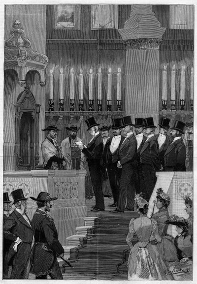 Paris 1890: Indsættelse af Zadoc Kahn (Zadoc-Kahn) (1839-1905) stor rabbiner i Frankrig. Monsieur Alphonse de Rothschild (1827 -1905) læser nomineringsrækkefølgen. af Unknown artist