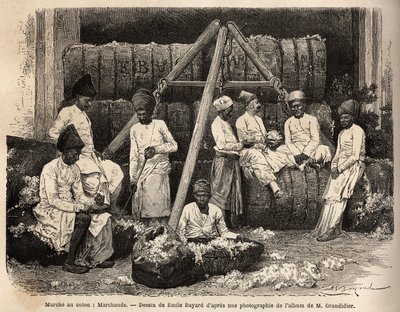 Parsi-forhandlere og -købmænd på Bombays bomuldsmarked. Gravering til illustration af rejsen i Indiens meridionalprovinser, af Alfred Grandidier, i 1862-1864, udgivet i "" Le tour du monde""" 1869, redigeret af Edouard Charton, udgave Hachette, Par af Unknown artist