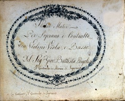 Opdeling af "" Stabat Mater "" af Jean Baptiste Pergolese (Giovanni Battista Pergolesi, Jean-Baptiste) 1710-1736. "" Stabat Mater for sopran og alt med violiner, bratsch og bas. "" af Unknown artist