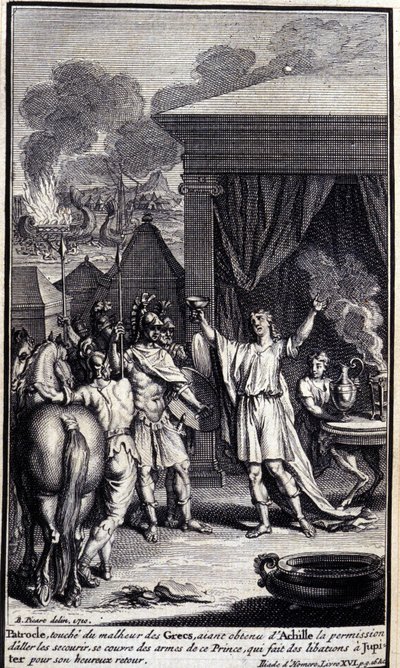 Patroclus, rører ved grækernes ulykke, efter at have fået tilladelse fra Achilleus til at gå og redde dem, dækker sig med våben fra denne prins, som giver drikker til Jupiter for hans lykkelige tilbagevenden. Illustration af bog XVI af Iliaden af H af Unknown artist