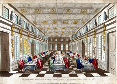 Perspektiv udsigt over Salle des Festins de Versailles til fejring af freden i 1763 mellem Storbritannien, Frankrig og Spanien. af Unknown artist