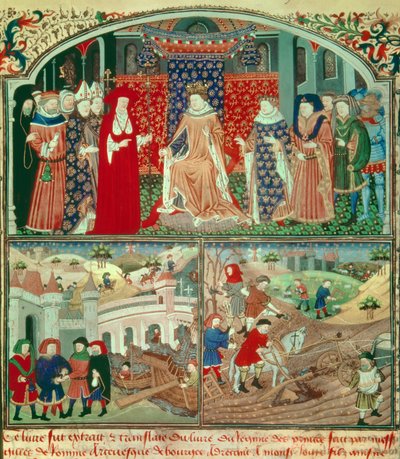 Philippe the Bel trunant (1268-1314) med pløjescene og købmandsscene. Miniature i "" Livre du régime des princes"" af Gilles de Rome (v.1247-1316), Paris, B N af Unknown artist