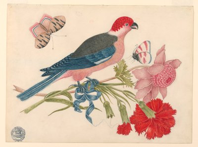Pink, rød, blå og sort fugl på gren med blomster og sommerfugle af Unknown artist