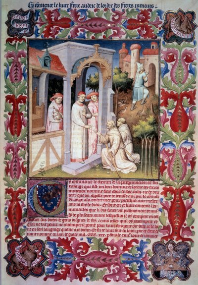Pave Johannes XXII betror Odoric af Pordenone (franciskansk) missionen at evangelisere Oversøiske Hav. Mænd fører agerhøns til Trabzon. Jean Without Fears våben og emblem. Jean de Berrys våben. Miniature i "" Itinerarium. Vidundernes Bog", af Unknown artist