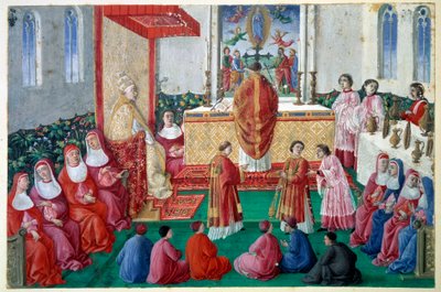 Pave Sixtus IV (1414-1484) deltager i messe i Det Sixtinske Kapel ved Vatikanets miniature-decoupé fra det 15. århundrede. Søn 0,1x0,16 m Chantilly, musee Conde af Unknown artist