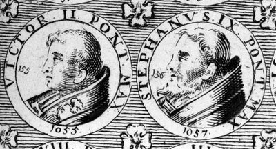 Paver Victor II (eller Victor 2 døde 1057) og Stephen IX (eller Stephane 9 døde 1058). Indgravering af det 18. århundrede. af Unknown artist