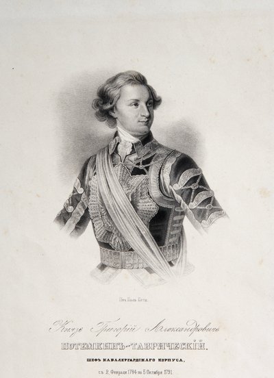 Portræt af Grigory Aleksandrovich Potemkin eller Potiomkin (Prins Grigory Aleksandrovich Potemkin-Tavricheski (Potemkin Tavricheski) (1739-1791), russisk soldat og regeringsmand - slutningen af ​​det 18. århundrede gravering af Unknown artist