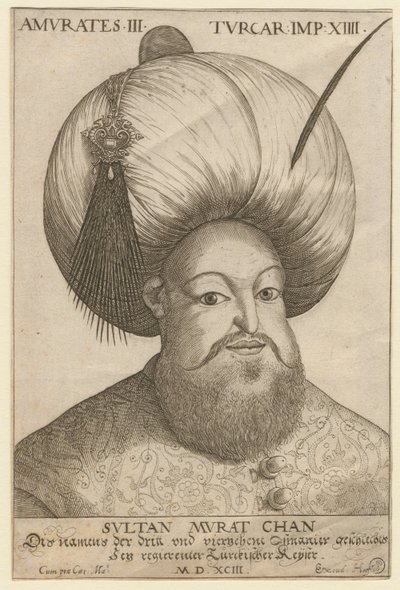 Portrait de Mourad III (1546-1595), sultan ottoman - Murad III (1546-1595), Sultan af Osmannerriget - Anonym - 1593 - Radering - 18,5x12,3 - Privat samling af Unknown artist