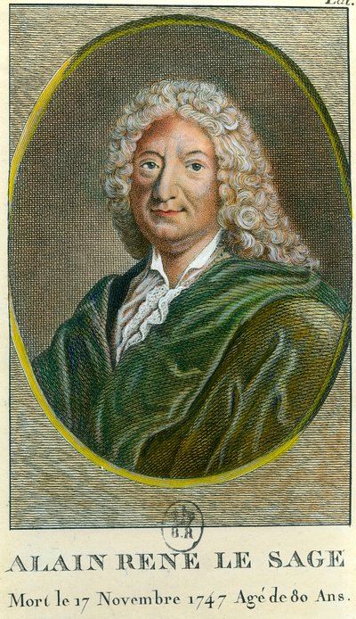 Portræt af Alain Rene Lesage (Alain-Rene Le Sage) (1668-1747) fransk forfatter. Stik af det 18. århundrede. Privat samling af Unknown artist