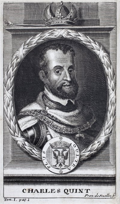 Portræt af Karl V (1500-1558), konge af Spanien og Spansk Amerika, konge af Sicilien og kejser af Det Hellige Romerske Rige germansk (1519-1556). Gravering til illustration af "Historien om krigen i Flandern", af Flamianus Strada, udgave Joseph T