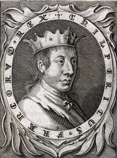 Portræt af Chilperic II (v. 670 - 721), konge af Neustrien. 1700-tals stik. af Unknown artist