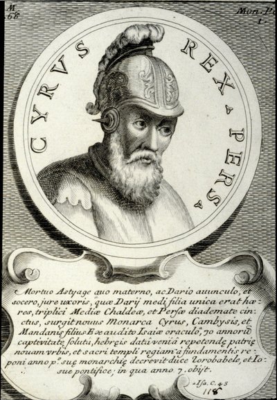 Portræt af Kyros II (ca. 559-529 f.Kr.) kaldet Kyros den Store, grundlæggeren af det persiske imperium. Indgravering af privatsamlingen fra det 18. århundrede af Unknown artist