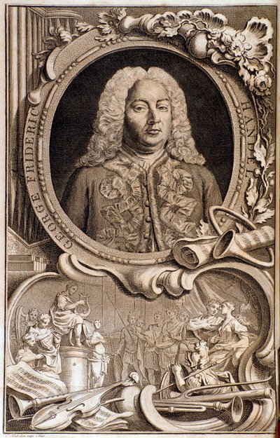 Portræt af Georg Friedrich Handel (ou Handel) (1685-1759) Frontispice af "" Alexanders fest""" 1700-tallet. Bologna, civico museo bibliografico af Unknown artist