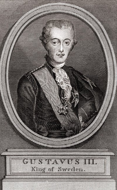 Portræt af Gustave III (1746-1792), konge af Sverige fra 1771 til 1792, indgravering af 1787 "" Collection to the Soldiers of Yesteryear"" af Unknown artist