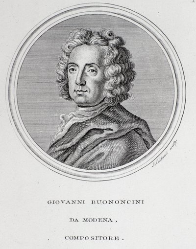 Portræt af den italienske barokkomponist og cellist Giovanni Battista Bononcini (1670-1747) Indgravering. 1700-tallet. Bologna, borgerligt bibliografisk museum af Unknown artist