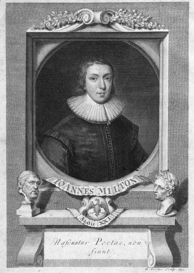 Portræt af John Milton, engelsk digter og essayist (1608 - 1674) gravering fra det 18. århundrede af Unknown artist