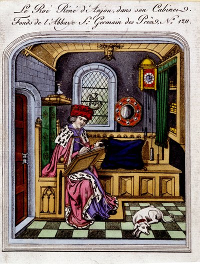 Portræt af kong Rene af Anjou (1409-1480)”” kalder også Rene I af Napoli eller Rene af Sicilien, i sit kabinet - gravering efter en miniature af Unknown artist