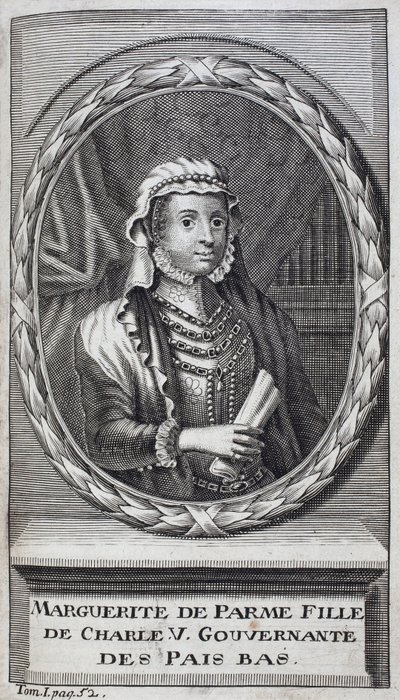Portræt af Margarita af Parma (eller Margarita af Østrig) (1522-1586), hertuginde af Parma og Piacenza, naturlig datter af Karl V (1500-1558) og guvernante i Holland (Holland) fra 1559-1581. Gravering for at illustrere "Historien om krigen i Fla af Unknown artist