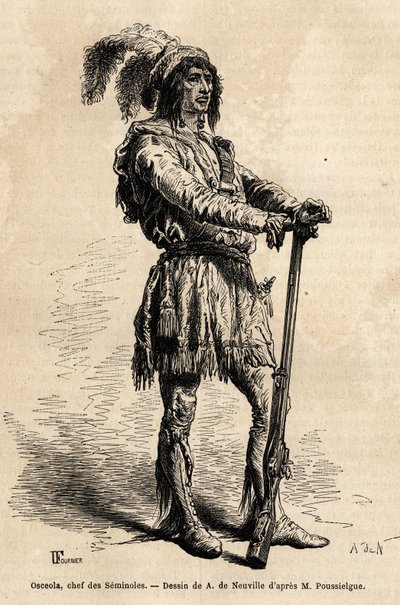 Portræt af Osceola (1804-1838), leder af seminoler, i spidsen for den indiske modstand mod USA under Florida-krigen (1835-1842). Gravering for at illustrere historien fire måneder i Florida, af Achille Pousselgue i 1851-1852, udgivet af Unknown artist