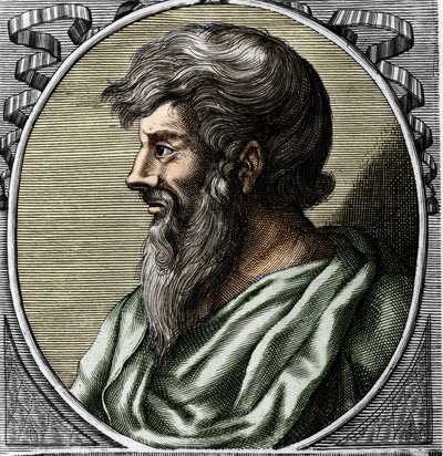 Portræt af Pythagoras (ca. 570 - omkring 480 f.Kr.), græsk matematiker og filosof. Stik af det 18. århundrede af Unknown artist