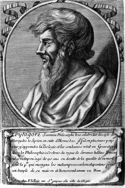 Portræt af Pythagoras (ca. 570 - omkring 480 f.Kr.), græsk matematiker og filosof. Indgravering af det 18. århundrede af Unknown artist