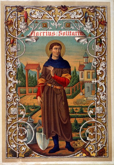 Portræt af Saint Fiacre (gardner, eremitage nær Meaux), bog a.n.d. 19. århundrede. af Unknown artist