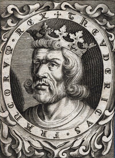 Portræt af Thierry I (? - 533), konge af Austrasia. 1700-tals stik. af Unknown artist