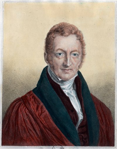 Portræt af Thomas Malthus (1766 - 1834), engelsk økonom og præst. Indgravering af det 19. århundrede. Privat samling. af Unknown artist