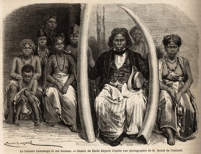 Portræt af en afrikansk elfenbensforhandler omgiver hans koner. Tegning af Emile Bayard (1837-1891), for at illustrere doktor Griffon du Bellays rejse til Gabon i 1861-64. Indgravering i "" Le tour du monde"", redigeret af Edouard Charton af Unknown artist