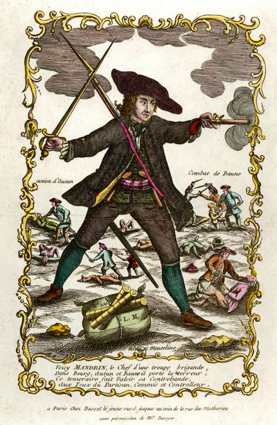 Portræt af den franske brigand Louis Mandrin (ca. 1725-1755). Bag ham, Autuns handling og Baunes kamp. Stik af det 18. århundrede. Privat samling af Unknown artist