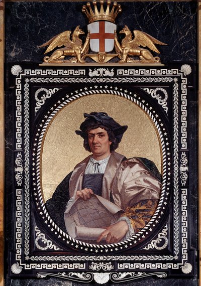 Portræt af den italienske navigatør Christopher Columbus (Christopher Columbus, Cristoforo Colombo, Cristobal Colon) (1451-1506) Mosaique af Unknown artist