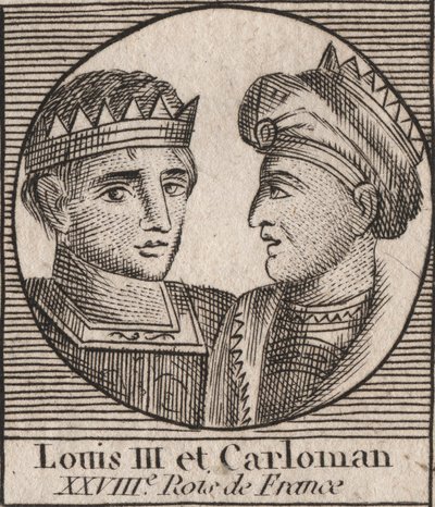 Portrætter af Ludvig III (863/65-882) Frankernes Konge mellem 879 og 882 og Karl II (866-884), Frankernes Konge fra 879 til Frankrig - gravering fra “Instruction on History d af Unknown artist