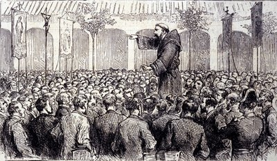 Prædikation af en kapucinermunk til pelerinerne, der kom til Lourdes i de høje Pyrenæer, hvor Jomfruen viste sig for Bernadette Soubirous (1844-1879) i 1858, det nuværende pilgrimssted. Stik fra 1877 af Unknown artist