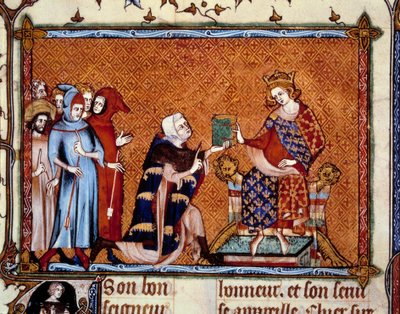 Præsentation af bogen: Jean de Joinville (1224-1317) tilbyder sin bog til Ludvig, konge af Navarra, fremtidige Ludvig X, hutinen. Miniature i "" Vie de Saint Louis"" af Unknown artist