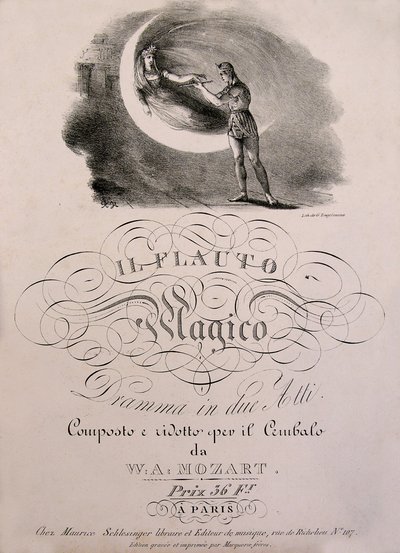 Prins Tamino modtager Nattens Dronnings fortryllede fløjte, forsideillustration af skillevægsbogen af ""Den fortryllede fløjte"" (Die Zauberflote) (1791) af W.A. Mozart (1756-1792). Leonard de Selva samling. af Unknown artist