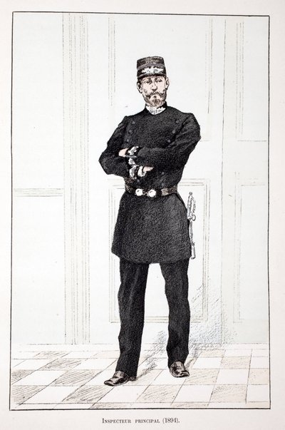 Overinspektør (1894). Radering i farver, til illustration "" Histoire du corps des gardes de la paix""" bog udgivet i regi af Louis Lepine (1846-1933), præfekt for politiet på Seinen, af Alfred Rey (1864-?) og Louis Feron (1862-?) af Unknown artist