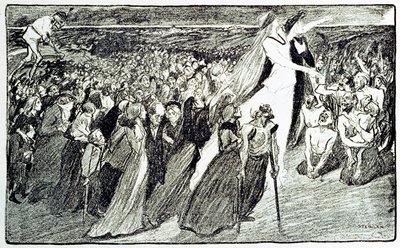 Procession under pilgrimsfærden i Lourdes, allegori af Theophile Alexandre Steinlen (1859 - 1923) illustrerende "Lourdes" af Emile Zola (1840-1902) hentet fra "Gil Blas illustrious"" af Unknown artist