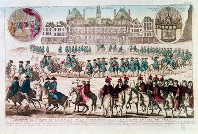 Procession i anledning af Fredsudgivelsesceremonien foran Rådhuset (Place de Greve). Indgravering af det 18. århundrede f.Kr. Paris af Unknown artist