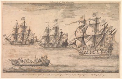 Fremskridt inden for skibsbygning. 1. De gamle briters flettede båd 2. Den store Harry 3. Den kongelige James 4. Den kongelige George af Unknown artist