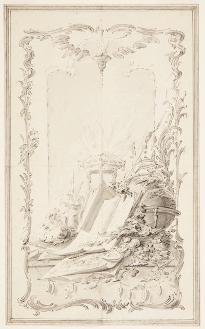 Projekt til Bogillustration; Et panel med egenskaber for videnskaber og en helt af Unknown artist