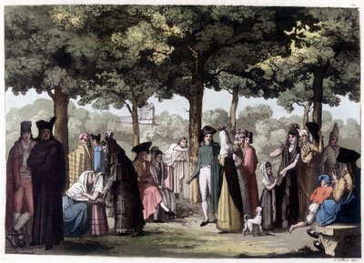 Promenade på esplanaden i Barcelona. 1800-tallets litografi. af Unknown artist