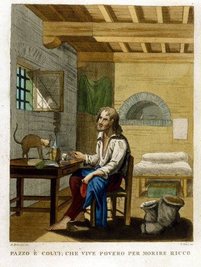 Ordsprog, der illustrerer grådighed: "At leve fattig for at dø rig". af Unknown artist