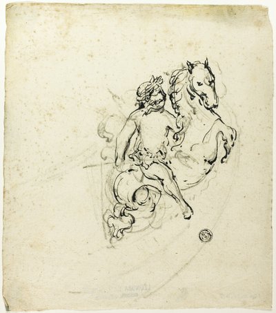 Putto kronet med laurbær, på springende hest af Unknown artist