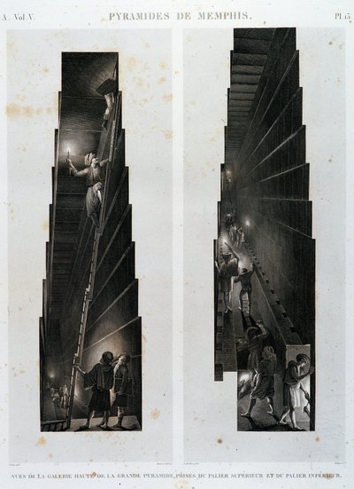 Pyramids of Memphis: udsigt over det øverste galleri af den store pyramide, taget fra det øvre og nedre leje - i "" Description of Egypt"", Imperial Editions af Unknown artist